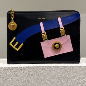 Auth Versace La Medusa Black Leather Clutch Bag Extra Rare